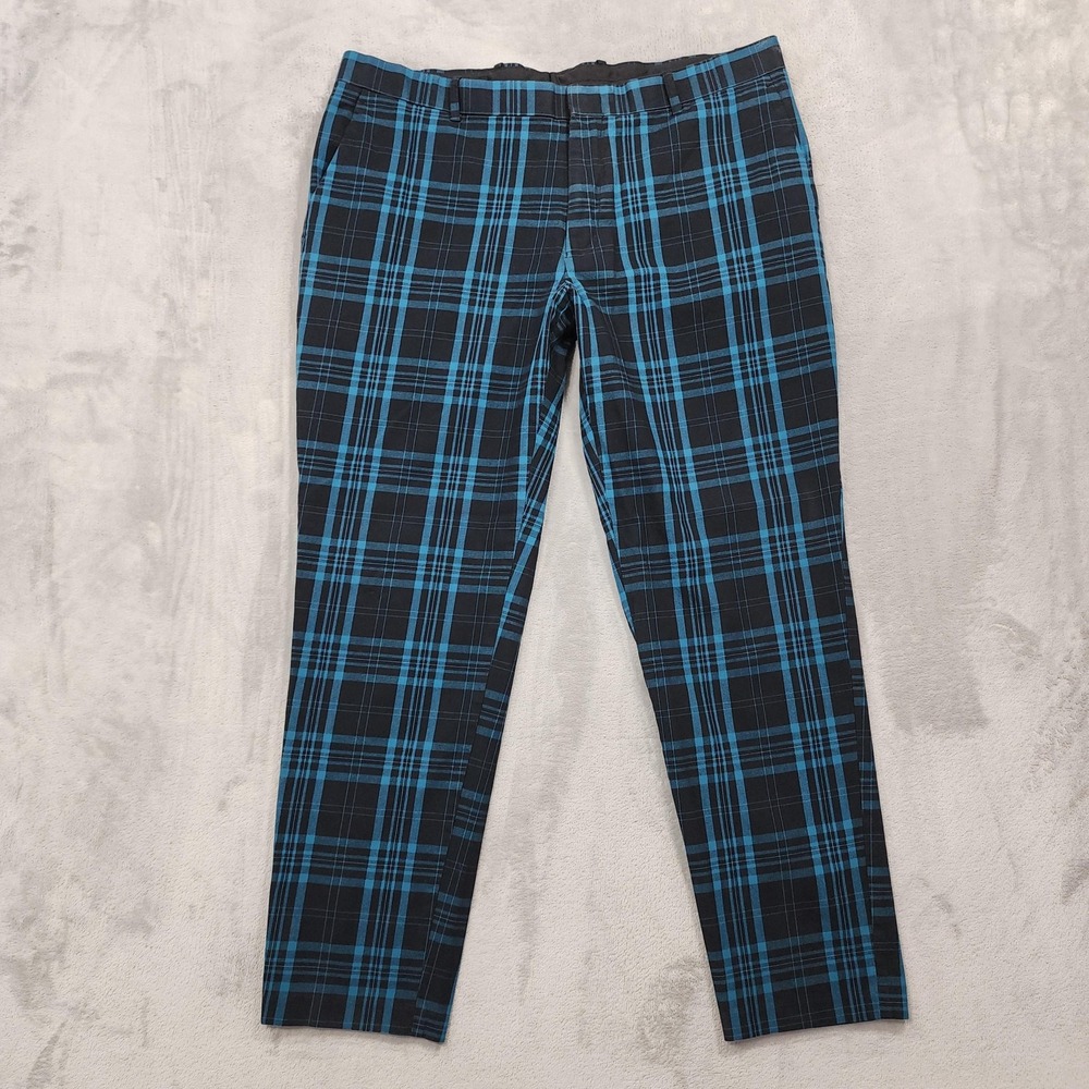 INC International Concepts Pants Mens 36x28 Blue Plaid Slim Fit Chino Casual
